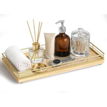 Imagem de Bandeja de banheiro para balcão – 30,5 cm x 15,2 cm Bandeja decorativa de madeira de oka para cozinha│cômoda │barra de café │Tanque de vaso sanitário, moldura natural e dourada