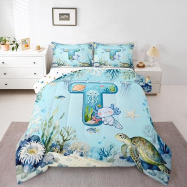 Imagem de Erosebridal Jogo de cama casal de desenho animado Axolotl, azul fofo, com letra T, para crianças, adolescentes, desenho animado, salamandra, animal, edredom subaquático