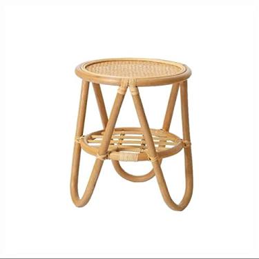 Imagem de Mesa lateral redonda moderna com prateleira de armazenamento, mesa de cabeceira moderna para sala de estar, quarto, escritório, pequenos espaços, mesa de canto tecida à mão, mesa de centro simples