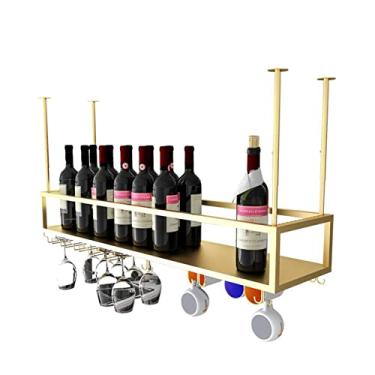 Imagem de Suporte de garrafa de vinho pendurado no teto, rack de ferro de vidro de champanhe, altura ajustável, unidade de bar prateleiras flutuantes prateleira de armazenamento, decoração de bar para casa