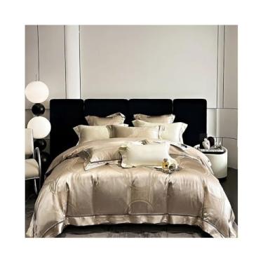 Imagem de Conjunto de cama de algodão egípcio jacquard de cetim brocado luxuoso europeu sedoso brilhante capa de edredom, lençol de cima, fronha (tamanho Queen 200 x 230 cm 4 peças)