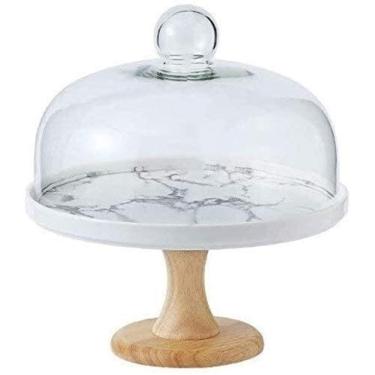 Imagem de Suporte de bolo cúpula com tampa, suporte de bolo, sobremesa plana de cerâmica com bandeja de pó de vidro sanduíche de festa básica de madeira, bandeja de servidor de sobremesa (tamanho: 19,519,525 cm
