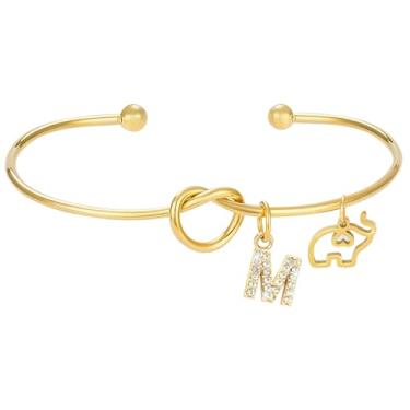 Imagem de COSHAYSOO Pulseira feminina banhada a ouro 14K com berloques de elefante com letra inicial, One Size, Aço inoxidável Aço inoxidável Ouro 14K, Sem Pedra Preciosa