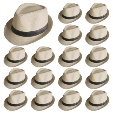 Imagem de GWWZHI 20 peças Fedora Chapéus Panamá de casamento a granel chapéus de aba curta chapéus ganster anos 1920 bonés homens mulheres festa fantasia, circunferência 58 cm (bege)