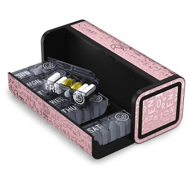 Imagem de TALVOLC M Organizador semanal de comprimidos 2 vezes ao dia, 14 compartimentos, couro, quadrado, à prova de poeira (rosa)