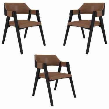 Imagem de Kit 3 Cadeiras Sala de Jantar e Jogos Carteados Madeira Maciça Poker Pu Caramelo/Preto G42 - Gran Belo