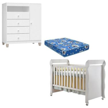 Imagem de Berço Americano Mirelle com Colchão e Cômoda Infantil Ternura Baby Branco Brilho - Incorplac