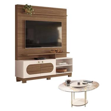 Imagem de Estante Home Theater Axis Castanho Off White com Mesa de Centro Sky com tampo de vidro Off White - Hb Móveis