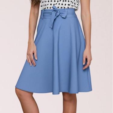 Imagem de Saia Midi Rodada Azul Jeans Evasê Com Cinto Moda Evangélica Cor:Azul J