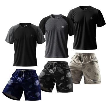 Imagem de Kit Masculino 3 Camisetas Dry Manga Raglan Academia E Shorts Estampado Verão Praia Bási...