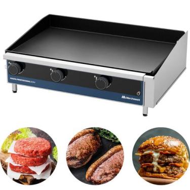 Imagem de Chapa Profissional Inox 3 Queimadores 8mm 80x50 A Gás Restaurantes Mar