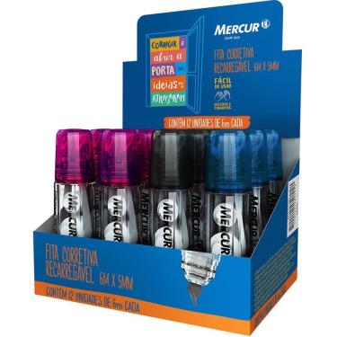 Imagem de Corretivo em Fita Mercur Recarregável 6M Largura 5MM com Refil Azul Preto e Rosa