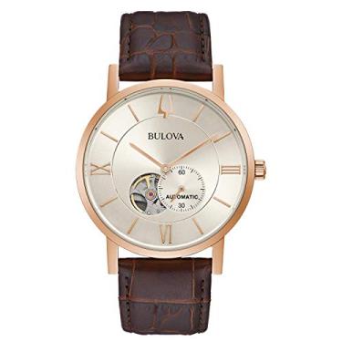 Imagem de Bulova Relógio masculino clássico, 3 ponteiros, 21 joias, reserva de 42 horas, recurso hack, ponteiro subsegundo, mostrador de abertura aberta, parte traseira da caixa de exibição, 42 mm, Couro