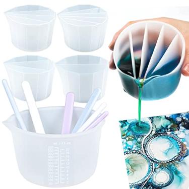 Imagem de Copo medidor de silicone 600 ml e copo dividido (2/3/4/5 câmaras) com kit de bastões de borracha para fundição de joias, artesanato de epóxi faça você mesmo, despejo de resina com tinta acrílica, arte fluida