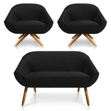 Imagem de Kit 01 Namoradeira 02 Lugares E 02 Poltronas Giratória Giovana Veludo Preto Base Madeira