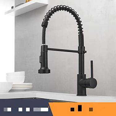 Imagem de Torneiras de cozinha escova torneiras de latão para pia de cozinha de alavanca única bica de mola misturadores torneira de água quente e fria guindaste, preto, china