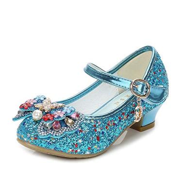 Imagem de TangDao Sapatos sociais infantis para meninas, festa de casamento, brilhante, Mary Jane, salto alto, princesa, flor, sapatos de lantejoulas com glitter, para meninas pequenas e grandes, Azul 1, 1 Big Kid