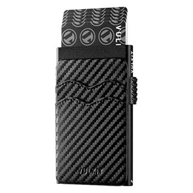 Imagem de VULKIT Carteira Pop Up Minimalista Slim com Slots de Couro Bloqueio RFID para Homens e Mulheres com 7 cartões e notas, Fibra de carbono preta, One Size, Minimalista