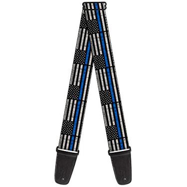 Imagem de Alça de guitarra fina azul linha bandeira desgastada preta cinza azul 5 cm de largura