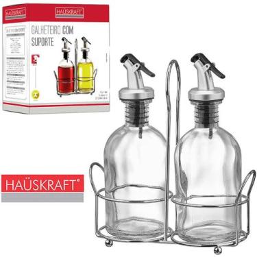 Imagem de Galheteiro De Vidro Com 2 Pecas 250ml + Suporte Aramado - Hauskraft