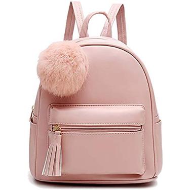 Imagem de IHAYNER Mini mochila para meninas, adolescentes, mulheres, bolsas de couro PU, pompom, mochila de ombro com borla charmosa, rosa, Mini, Bonito