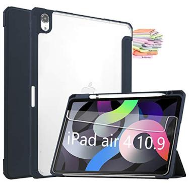 Imagem de Capa Billionn para iPad Air 4ª geração + protetor de tela, capa dobrável em três partes para iPad Air 4 10,9 polegadas 2020 Auto hibernar/despertar, capa traseira transparente, azul