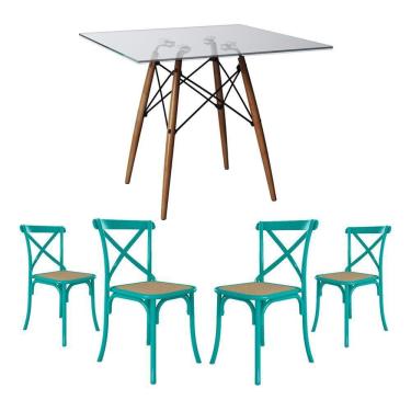 Imagem de Conjunto De Mesa Eiffel Quadrado Tampo De Vidro 110Cm Com 4 Cadeiras Katrina Azul Turquesao