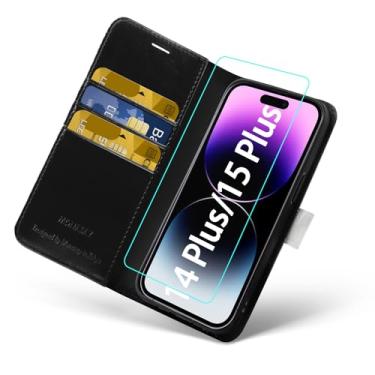 Imagem de MONASAY Capa carteira para iPhone 15 Plus 5G, [protetor de tela de vidro incluído] [bloqueio de RFID] Capa de celular de couro com suporte de cartão de crédito 6,7 polegadas Preto