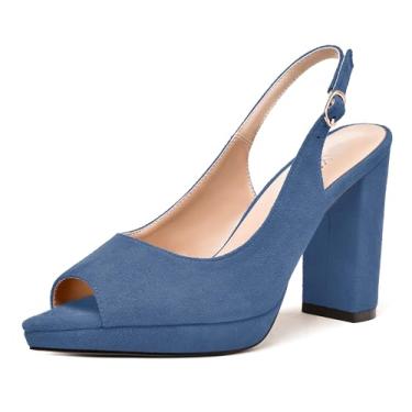 Imagem de WAYDERNS Sapato feminino com alça ajustável peep toe para noiva camurça fivela plataforma bloco sólido salto alto sapatos 10 centímetros, Azul-escuro, 8