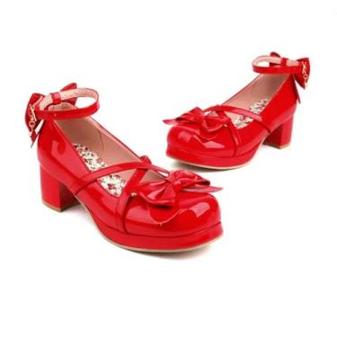 Imagem de ZIRIA Sapatos Lolita de couro envernizado brilhante feminino noiva vermelha festa de casamento plataforma de tiras Mary Janes escarpim tira no tornozelo bloco salto cubano, Vermelho, 5