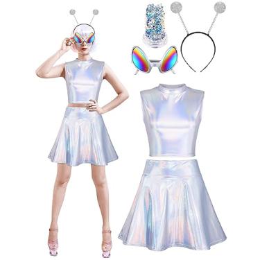 Imagem de SOMSOC Fantasia Alienígena Top Metálico Sem Mangas Regata Curta Saia Plissada com Tiara Óculos Glitter para Halloween Cosplay, Prata, M
