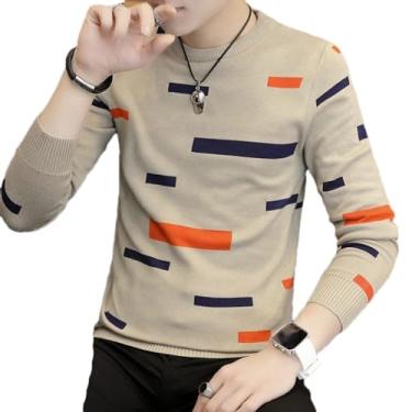 Imagem de KANG POWER Suéter de manga comprida masculino meia manga suéter de malha primavera outono bonito masculino listrado fino suéter masculino, Caqui, G