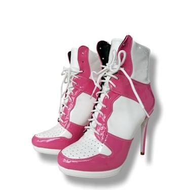 Imagem de Frankie Hsu Botas de salto alto Stiletto Sport Basketball High Heeled Ankle Bootie, casual branco rosa patente estilo bota de salto, tamanho grande designer de moda salto tornozelo cadarço bota curta
