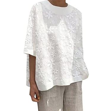 Imagem de Blusas femininas de malha de renda para sair, blusas de manga curta Y2K, blusas de algodão, camisetas florais para festa, Branco, GG