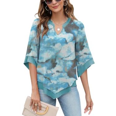 Imagem de Micoson Blusas femininas de chiffon com manga 3/4, gola V, camadas duplas, camisas de malha, elegantes e soltas, Floral azul, M