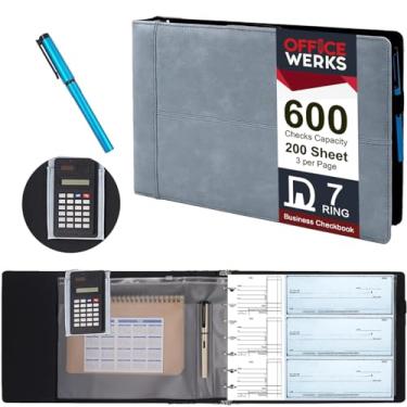 Imagem de Fichário executivo de cheques Office Werks 23 x 33 cm, com fichário de cheque de 7 anéis e carteira de talão de cheques com zíper com suporte para caneta e calculadora, 200 folhas, 3 por página,
