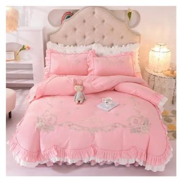 Imagem de Jogo de cama luxuoso, branco, rosa, 100% algodão, bordado floral, princesa, lençol com babados, saia de cama, fronhas, conjunto de cama (rosa 1,5 m, saia de cama 4 peças)
