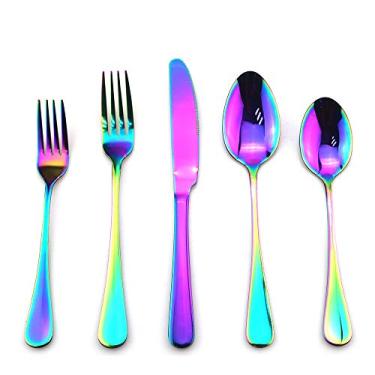 Imagem de Conjunto de talheres de prata JASHII, conjunto de talheres de aço inoxidável de 40 peças, serviço de utensílios de cozinha para 8, conjunto de talheres de polimento espelhado colorido para talheres de mesa, facas garfos e colheres de prata, seguro para lava-louças, Rainbow, Service for 8, 1