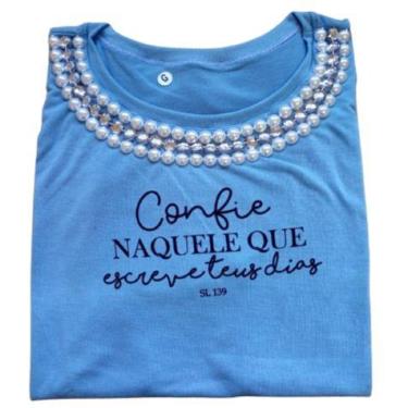 Imagem de Camiseta Tshirt Feminina Moda Evangélica Azul Bebê Confie Naquele Que