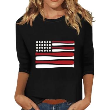 Imagem de Camiseta feminina 4 de julho, camiseta com bandeira dos EUA, beisebol, estampada, dia da independência, roupas de treino de verão, Preto, M