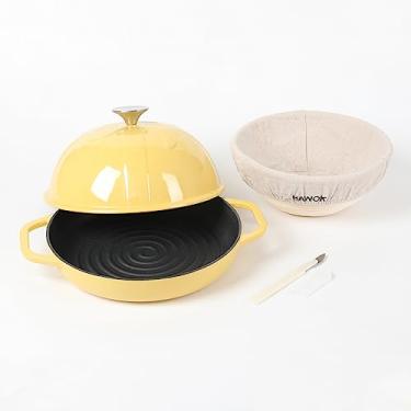 Imagem de HAWOK Forno de pão de ferro fundido com tampa cloche, diâmetro 25 cm, com cesta de impermeabilização e faca de pontuação de massa, assadeira de fermento, amarelo esmaltado