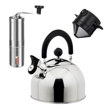 Imagem de Kit Mini Filtro de Café Chá Individual Aço Inox Reutilizável Mais Moedor de Café Desmontável Durável Mais Chaleira Aço Inox 2,5 litros Apito Sonoro Tampa Alça Cozinha