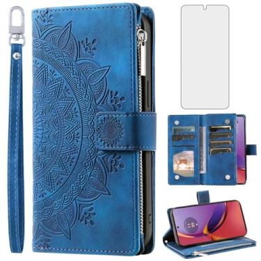 Imagem de Capa de telefone para Motorola Moto G84 5G capa carteira com protetor de tela de vidro temperado alça de pulso mandala flor couro flip zíper compartimento para cartão de crédito suporte celular G 84