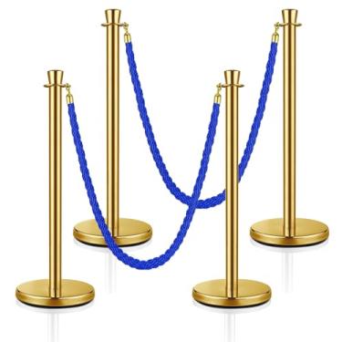 Imagem de MICHELANGELO Kit 4 Pedestais Premium Organizador Separador de Fila Dourado com 2 Cordões Azul 1,50 Metros Anti-Oxidante