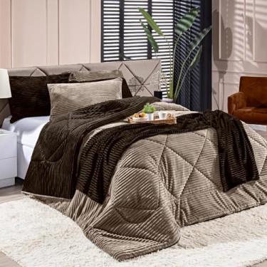 Imagem de Kit Coberdrom Edredom Canelado KING 03 Peças Dupla Face Denver com Fronhas - Cobertor Manta Mantinha Microfibra Canelada Listrada Quente Grosso Macio (Caqui)