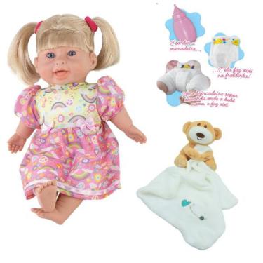 Imagem de Kit Boneca Faz Xixi Rafaeli 38cm + Mamadeira Fralda e Nana - Milk Brin