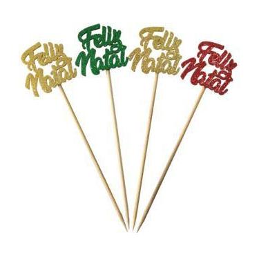 Imagem de Topper Topo Doces e Bolo Palito Feliz Natal EVA Vermelho Verde 4 Peças