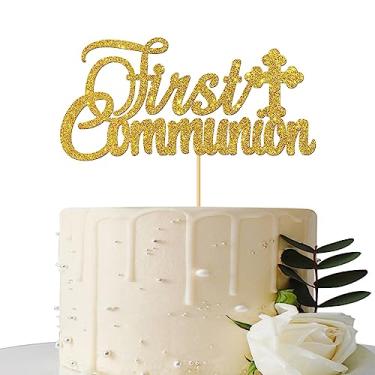 Imagem de Topo de bolo dourado com glitter de primeira comunhão - Decoração de bolo de primeira comunhão para crianças - Topper de bolo God Bless
