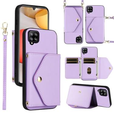 Imagem de Dswteny Capa carteira para Samsung Galaxy A42 5G com cordão de pulso alça de ombro bolsa flip, suporte de cartão de crédito de couro PU acessórios capa de celular para 42 G5 42A S42 4G 2021 mulheres