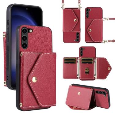 Imagem de Dibosom Capa carteira minimalista para Samsung Galaxy S23 Plus S23+ 5G com alça de ombro, bolsa flip fina e fina, suporte para cartão de crédito para S23plus 23S + S 23 23+ SM-S916U 16.8 cm vermelha